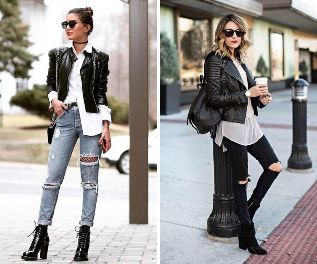 jaqueta de couro com jeans
